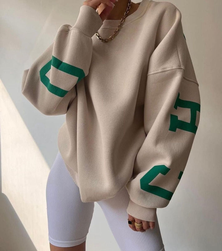 Women's Oversized Fleece-Lined Varsity Sleeve Crewneck Jumper - Khaki