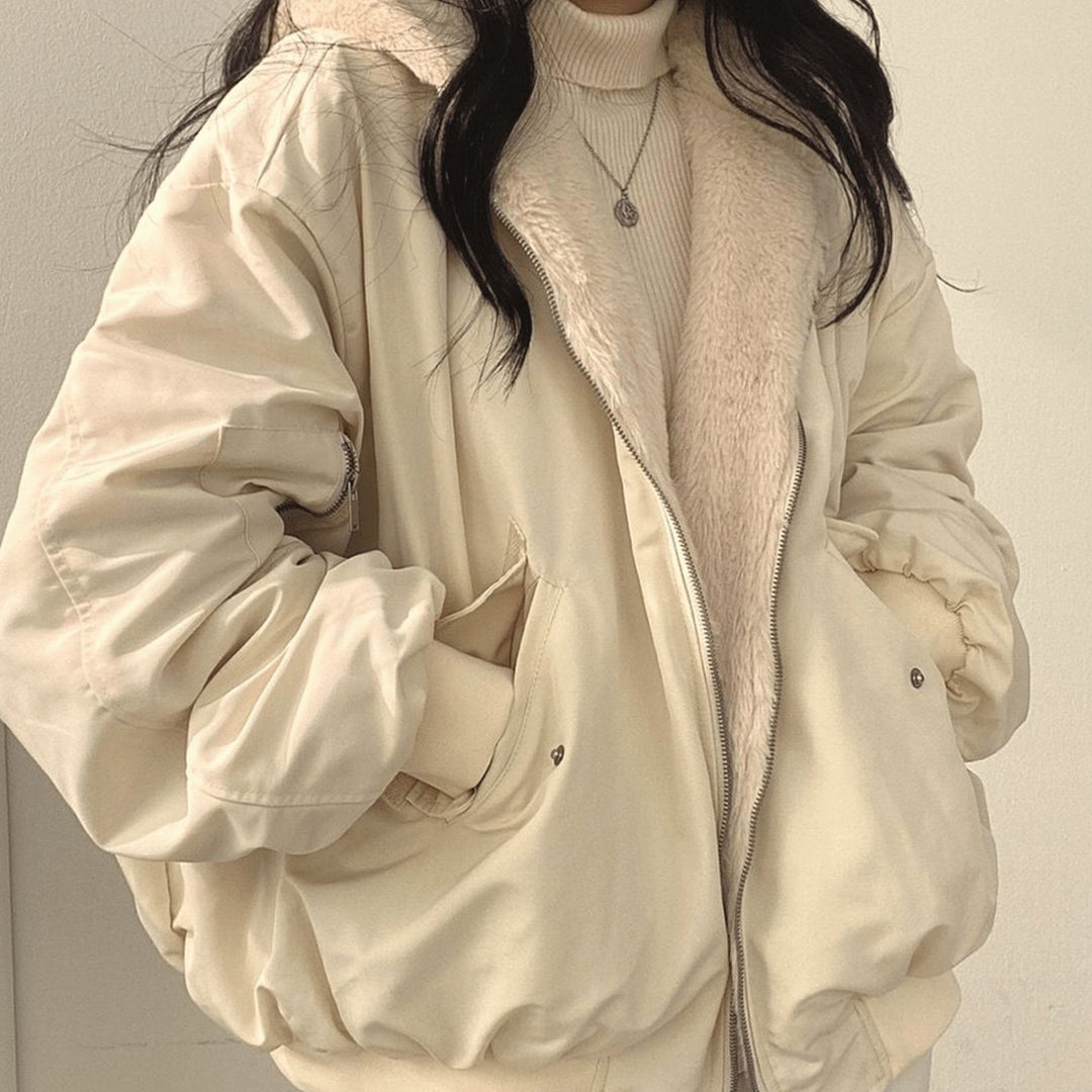 Women's Oversized Fleece-Lined Zip-Up Winter Jacket - Beige