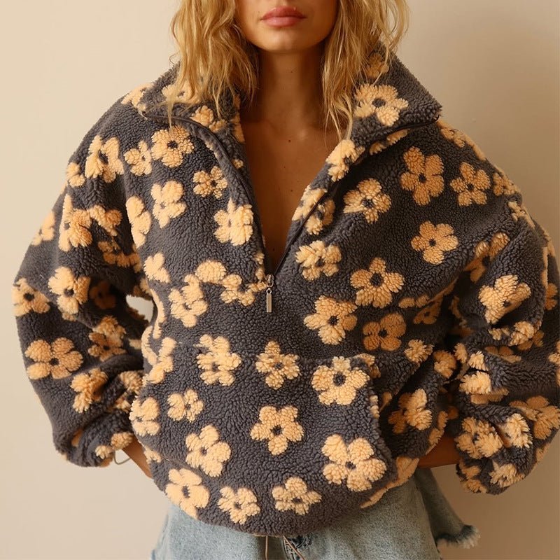 Women's Oversized Floral Teddy Fleece Half-Zip Jumper - Yellow