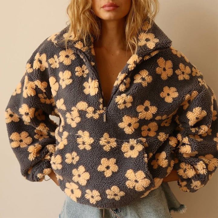 Women's Oversized Floral Teddy Fleece Half-Zip Jumper - Yellow