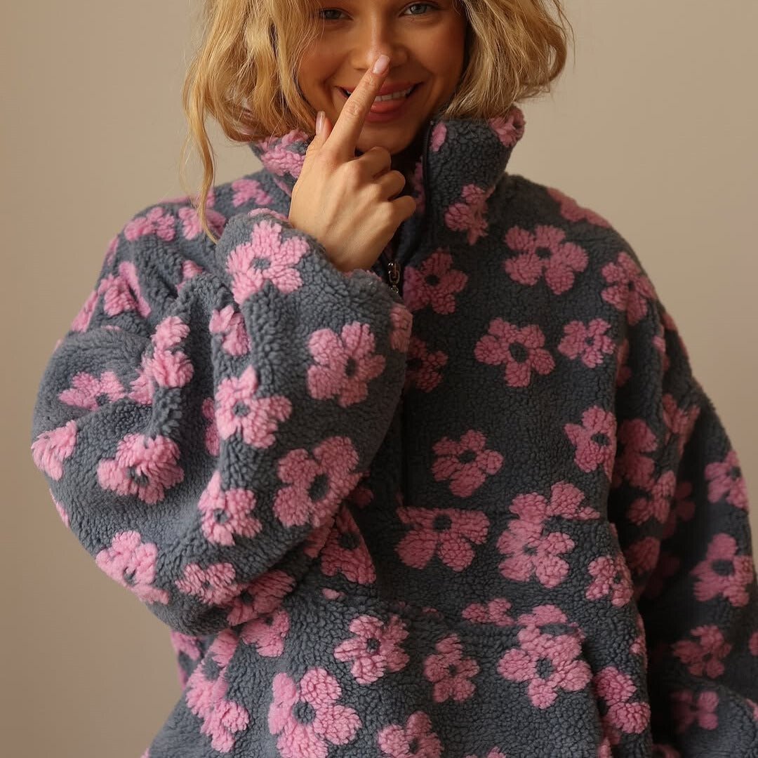 Women's Oversized Floral Teddy Fleece Half-Zip Jumper - Pink