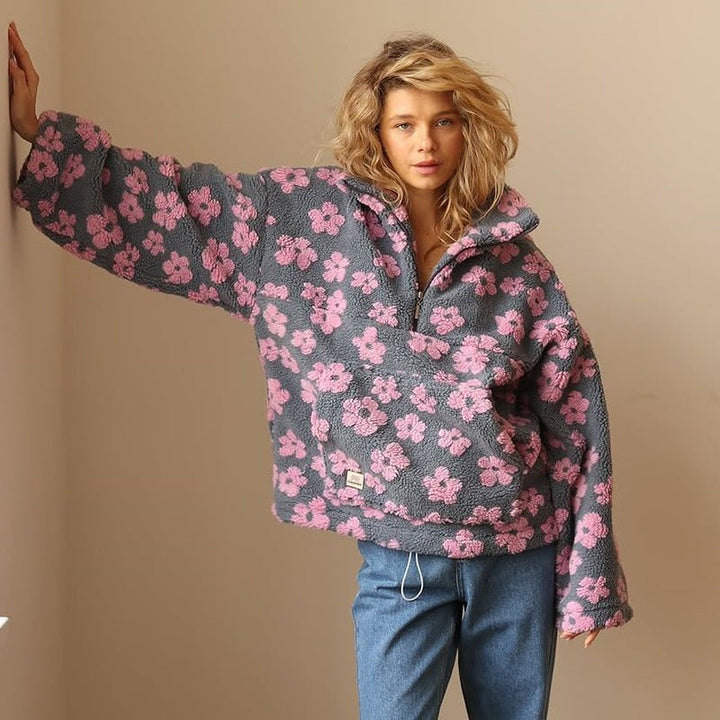 Women's Oversized Floral Teddy Fleece Half-Zip Jumper