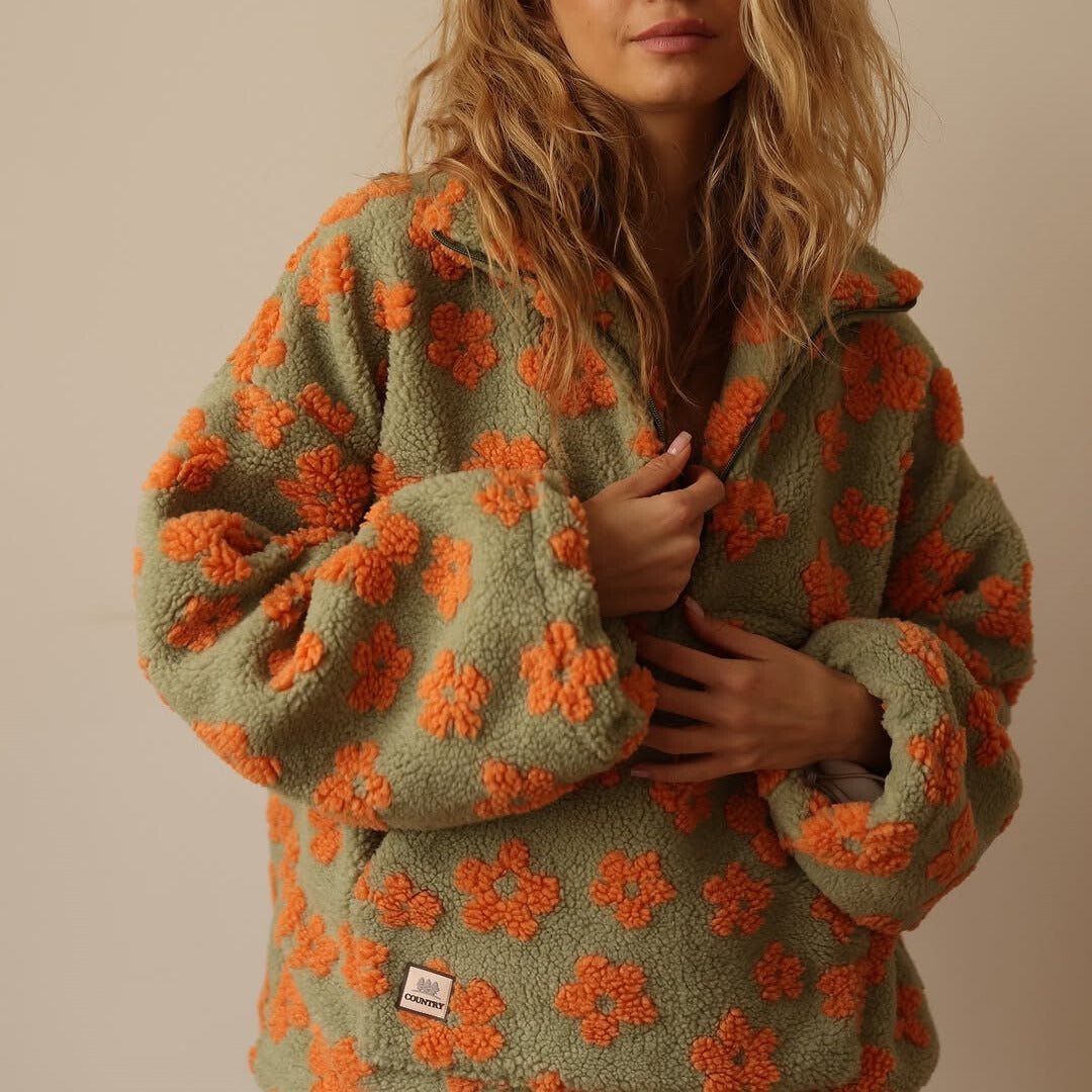 Women's Oversized Floral Teddy Fleece Half-Zip Jumper - Orange