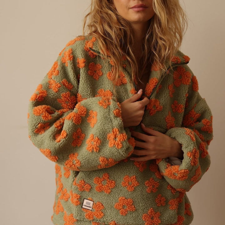 Women's Oversized Floral Teddy Fleece Half-Zip Jumper - Orange