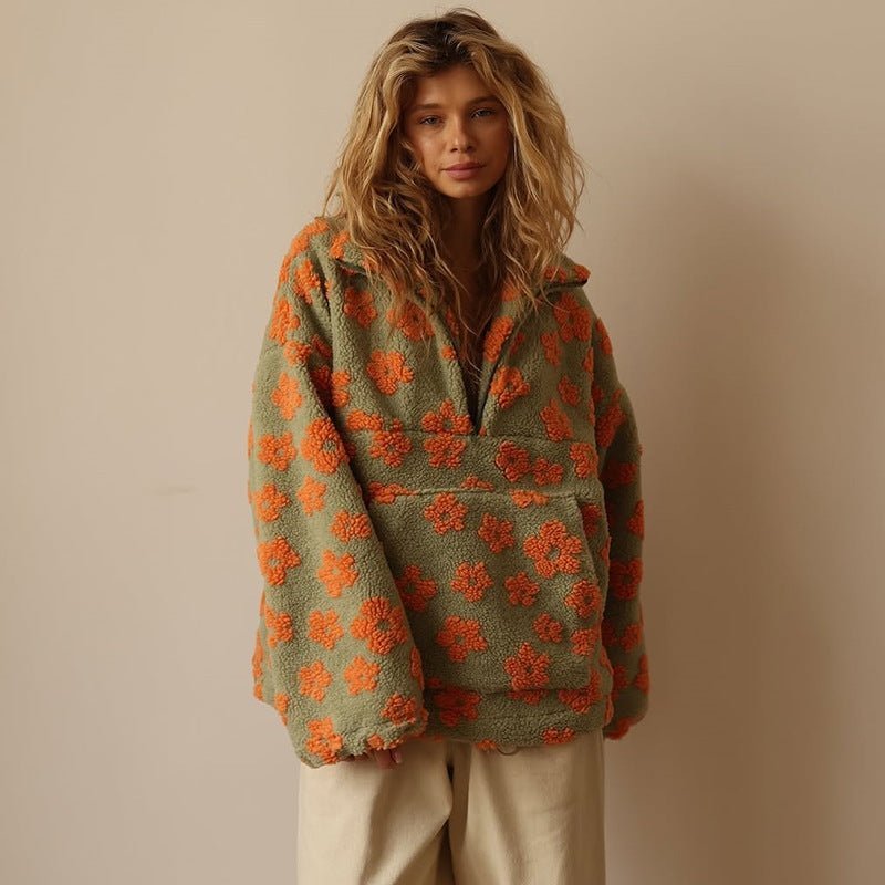 Women's Oversized Floral Teddy Fleece Half-Zip Jumper