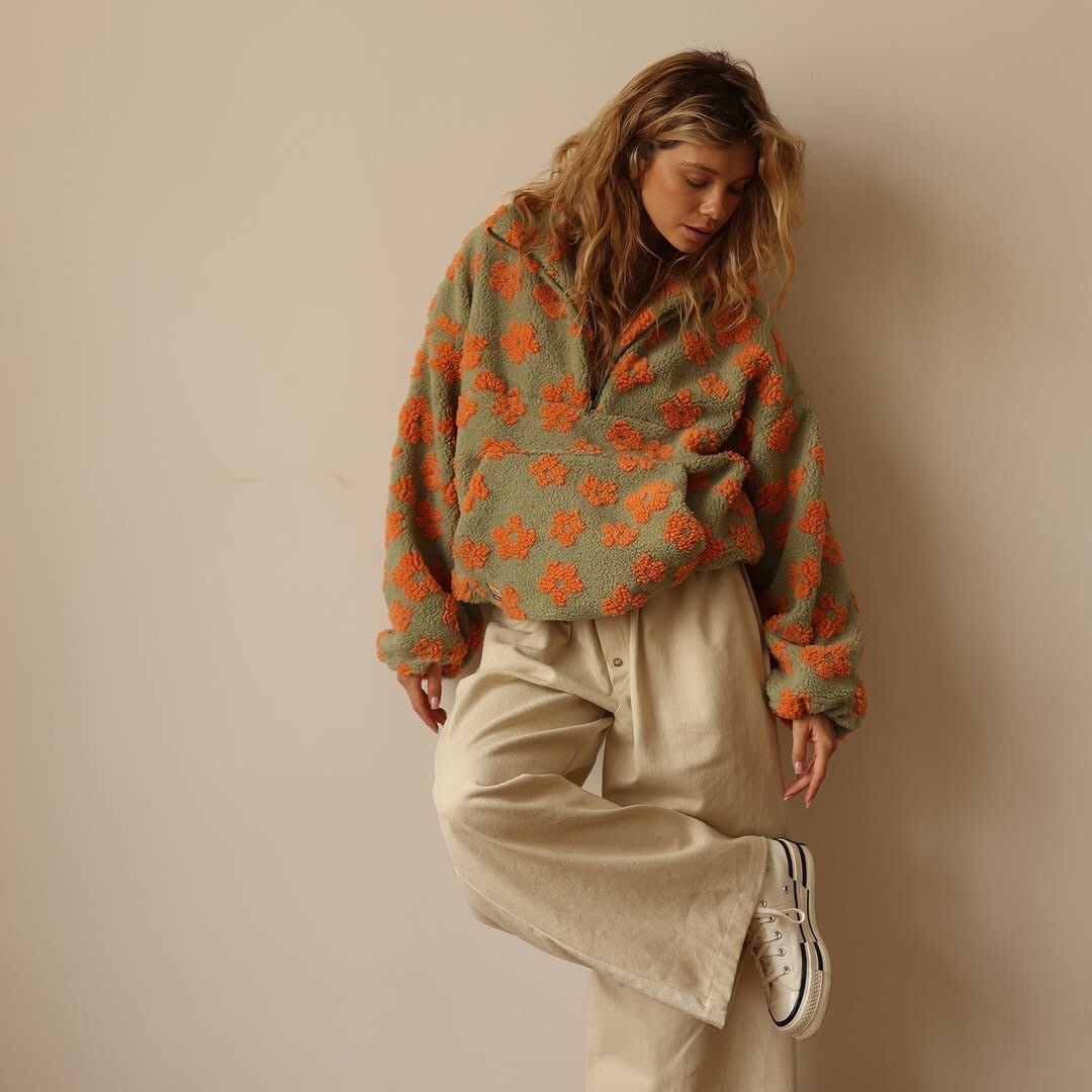 Women's Oversized Floral Teddy Fleece Half-Zip Jumper