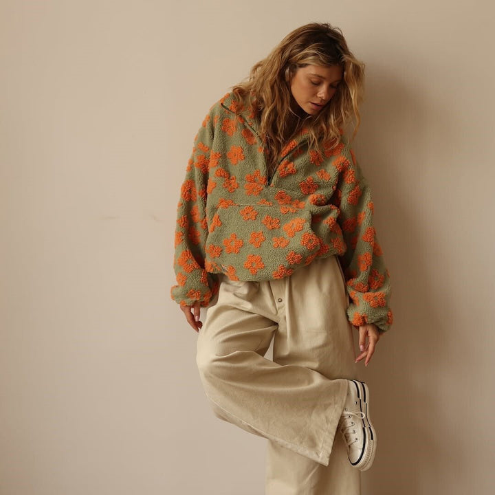 Women's Oversized Floral Teddy Fleece Half-Zip Jumper