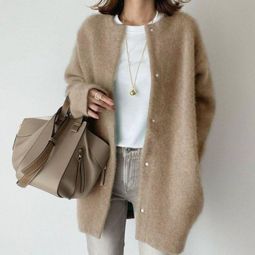 Women's Oversized Fluffy Button-Down Winter Cardigan - Khaki