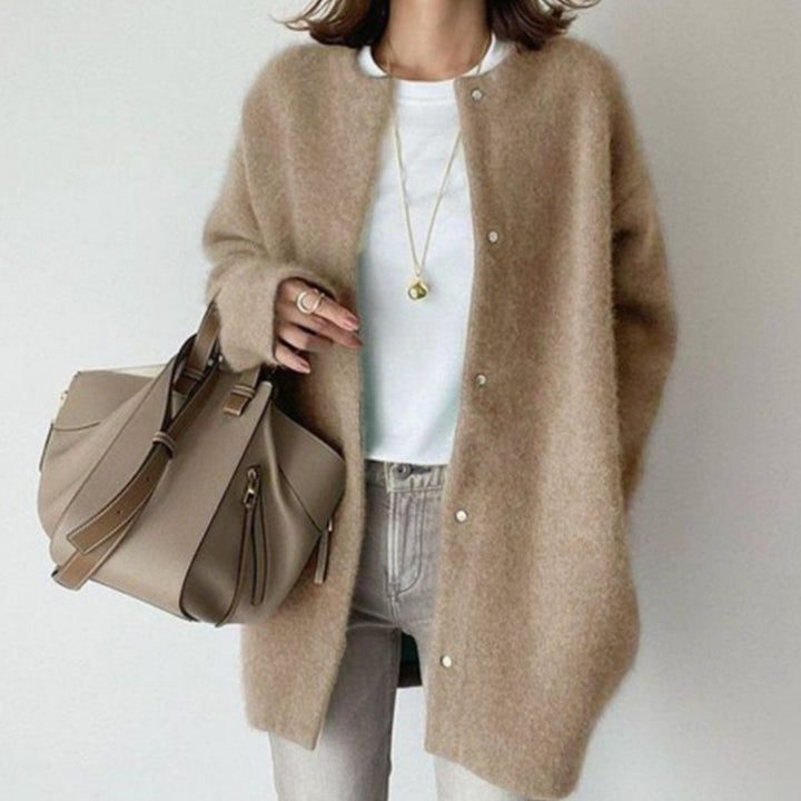 Women's Oversized Fluffy Button-Down Winter Cardigan - Khaki