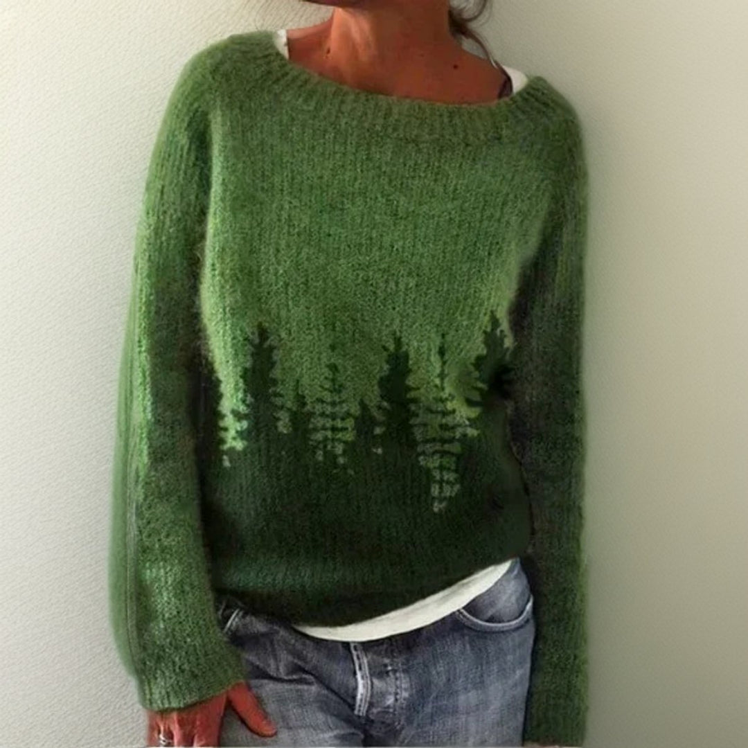 Women's Oversized Forest Print Knit Sweater Round Neck Jumper