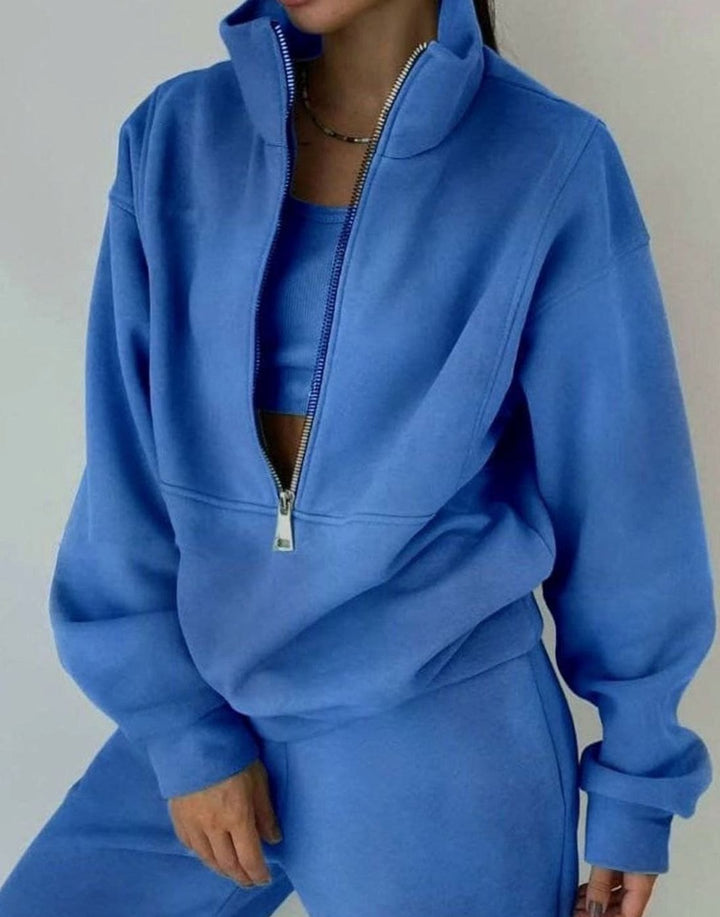 Women's Oversized Half-Zip Crop Jogger Two-Piece Set - Blue