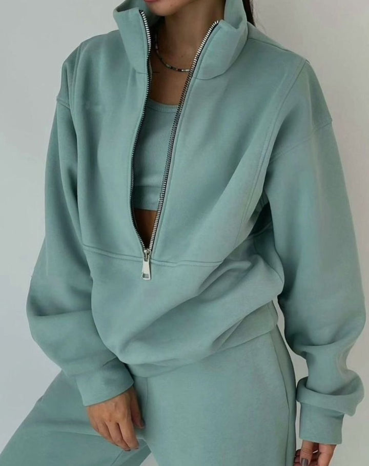 Women's Oversized Half-Zip Crop Jogger Two-Piece Set - Green