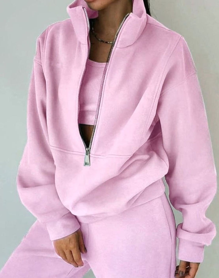 Women's Oversized Half-Zip Crop Jogger Two-Piece Set - Pink
