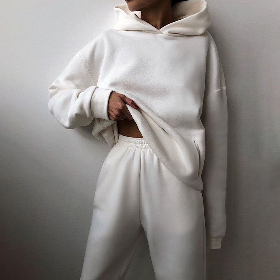 Women's Oversized Hoodie High-Waist Jogger Two-Piece Set - White