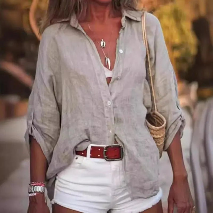 Women's Oversized Linen Long Sleeve Button-Down Shirt - Gray