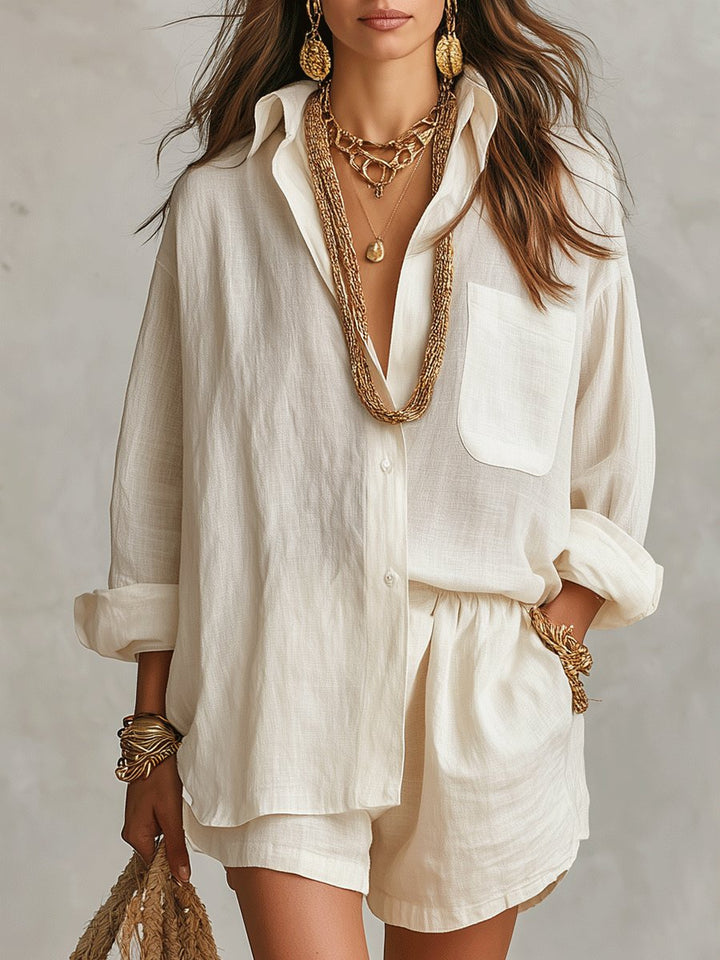 Women's Oversized Linen Shirt Shorts Set - Off-White