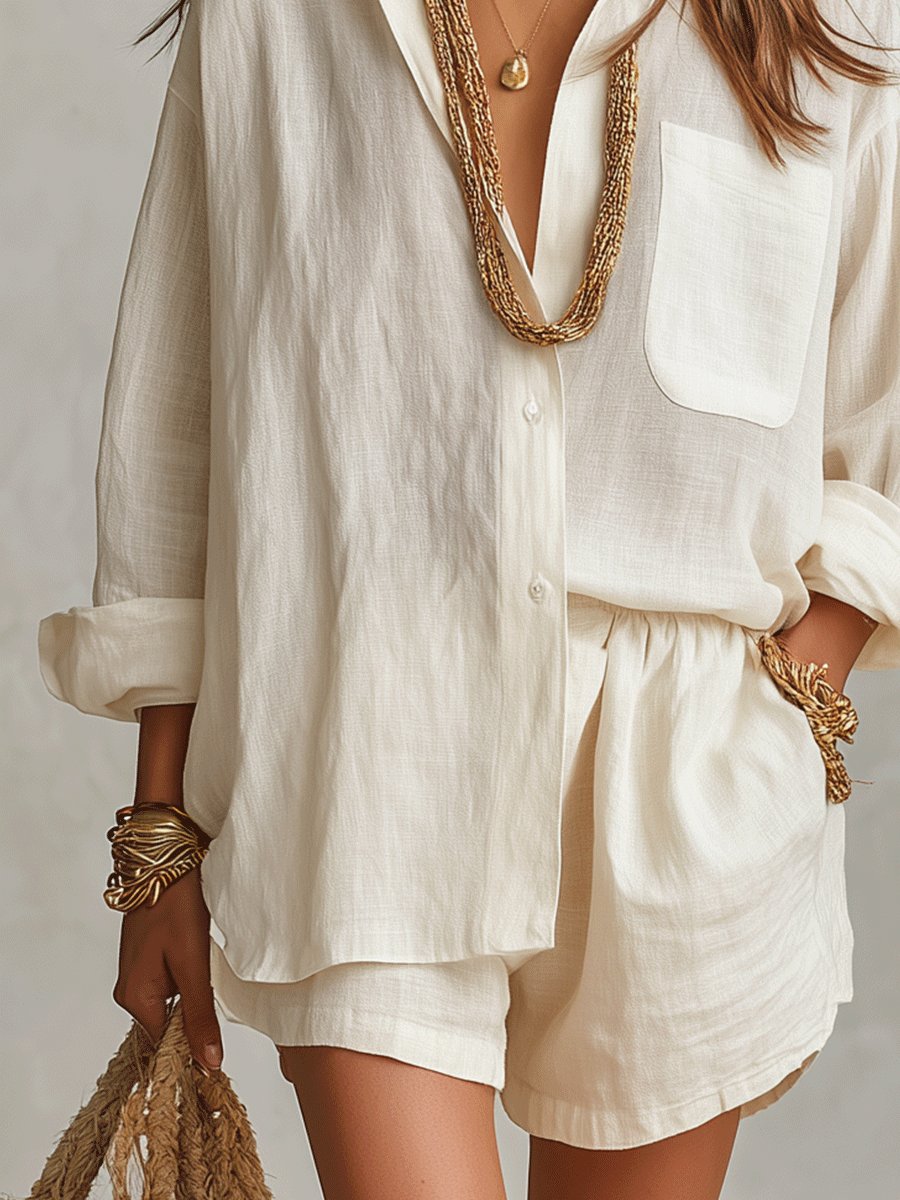 Women's Oversized Linen Shirt Shorts Set