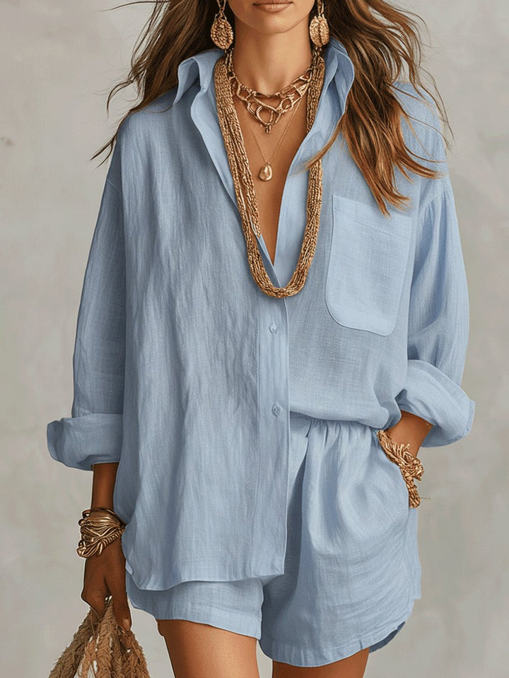 Women's Oversized Linen Shirt Shorts Set - Blue