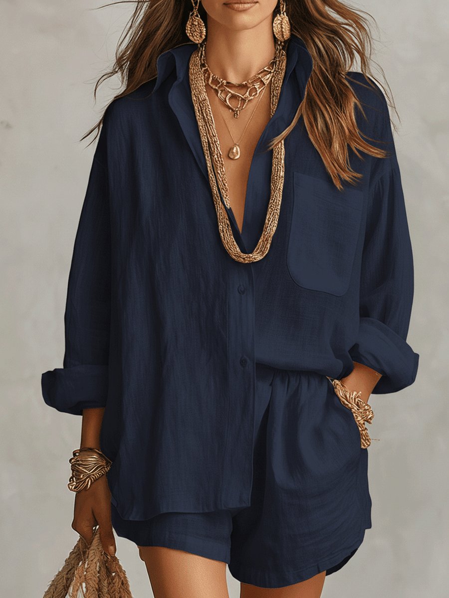 Women's Oversized Linen Shirt Shorts Set - Dark Blue
