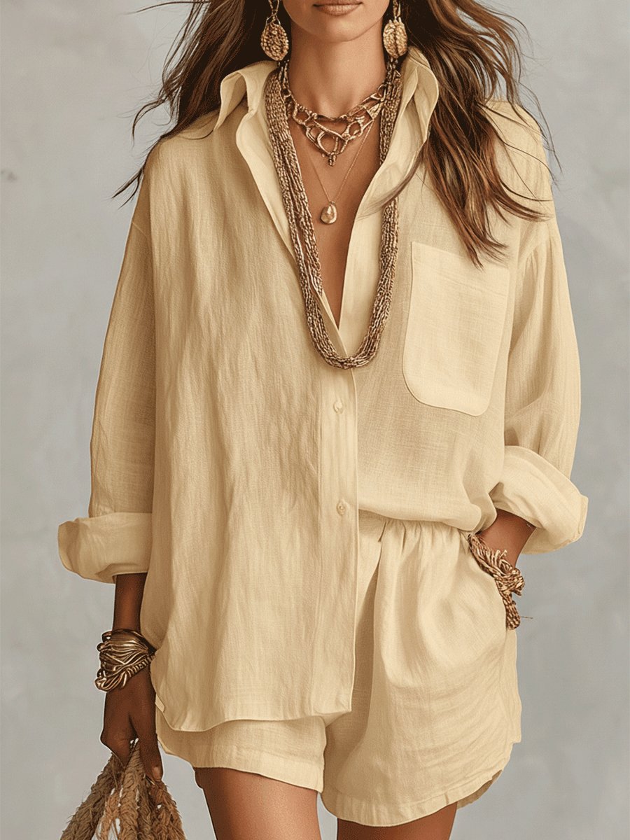 Women's Oversized Linen Shirt Shorts Set - Yellow