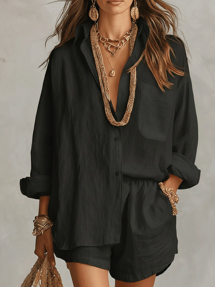Women's Oversized Linen Shirt Shorts Set - Black
