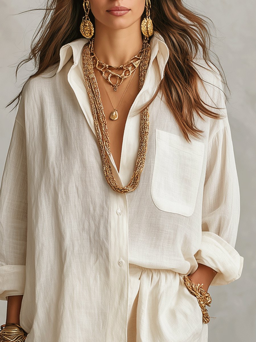 Women's Oversized Linen Shirt Shorts Set