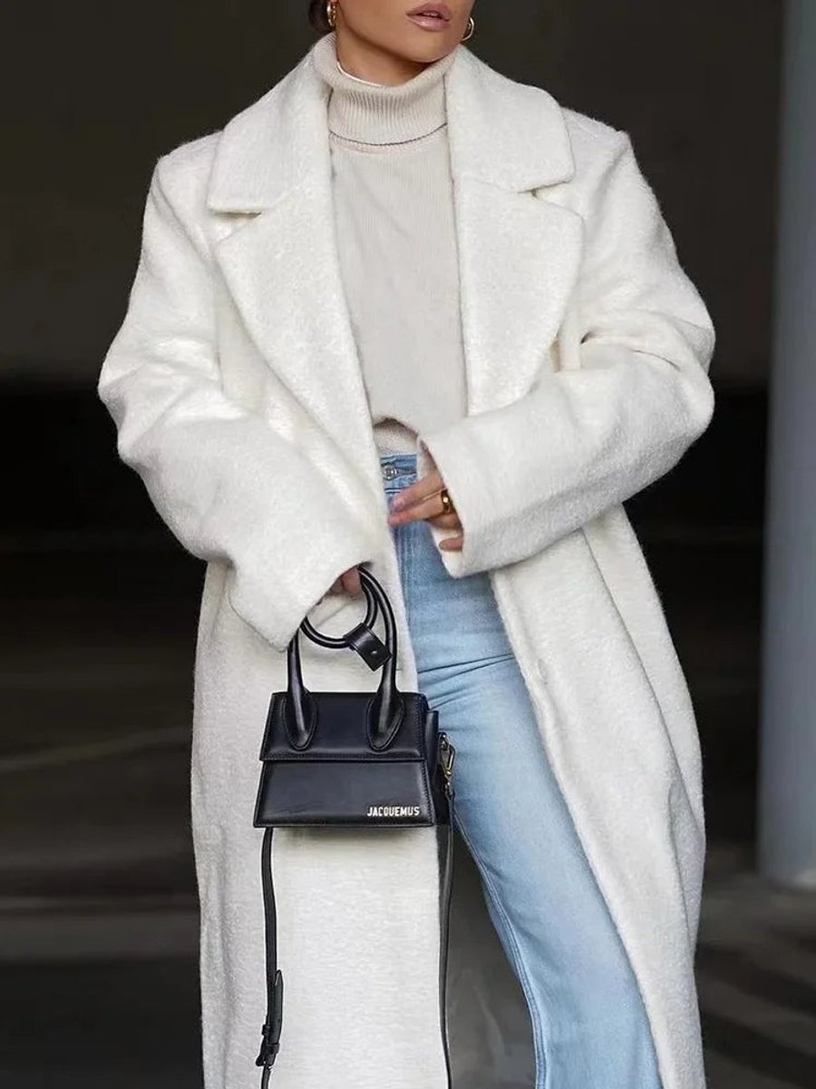 Women's Oversized Long Wool-Blend Lapel Coat Jacket - White