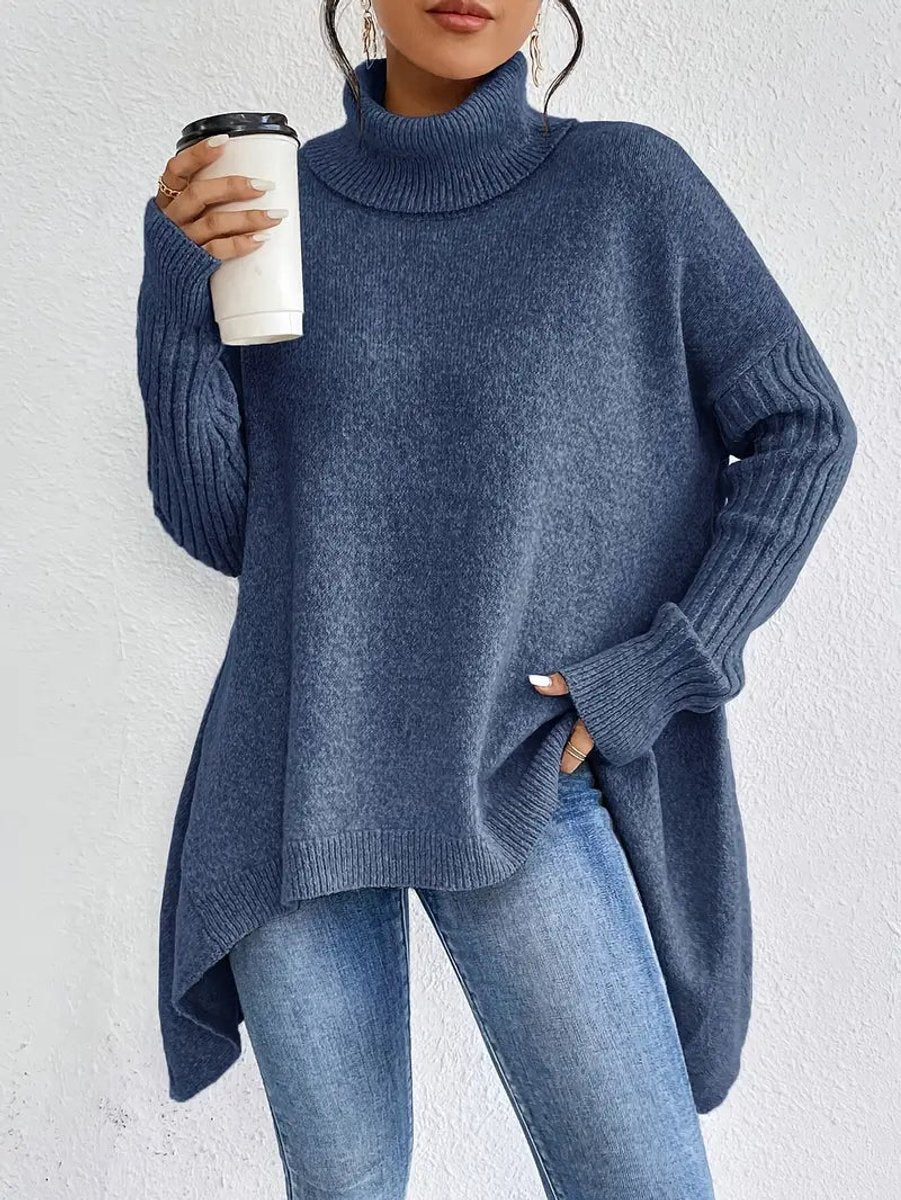 Women's Oversized Longline Ribbed Turtleneck Sweater Jumper - Ocean Blue
