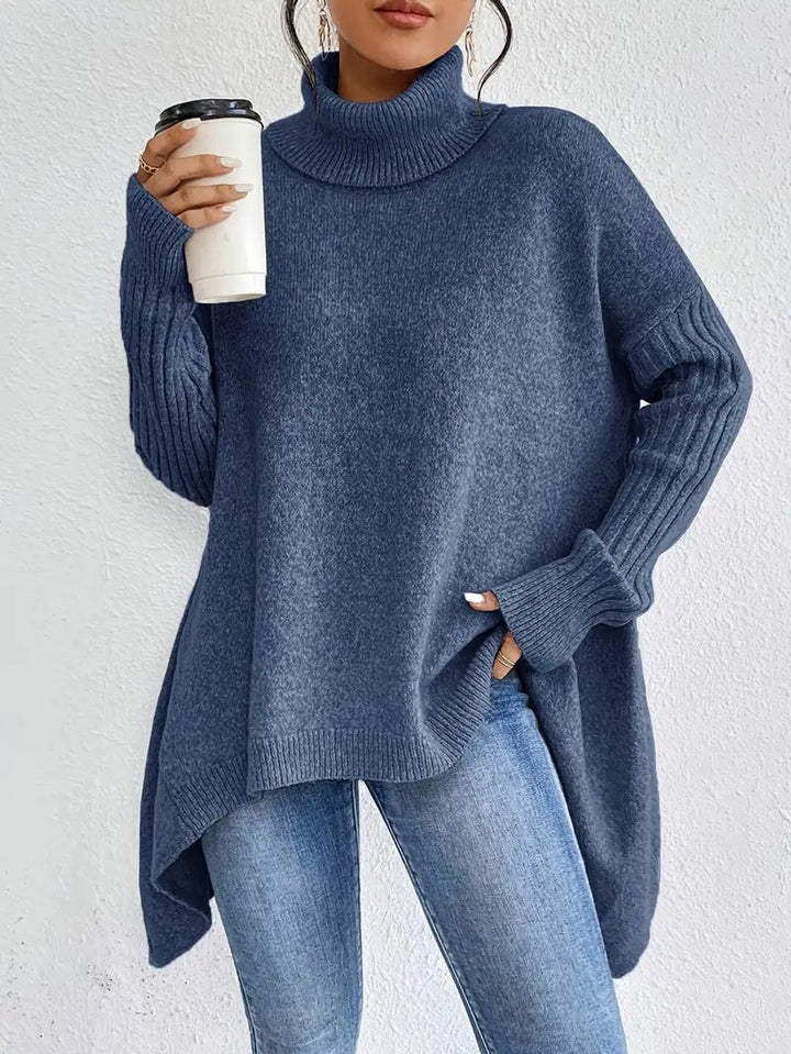 Women's Oversized Longline Ribbed Turtleneck Sweater Jumper - Ocean Blue