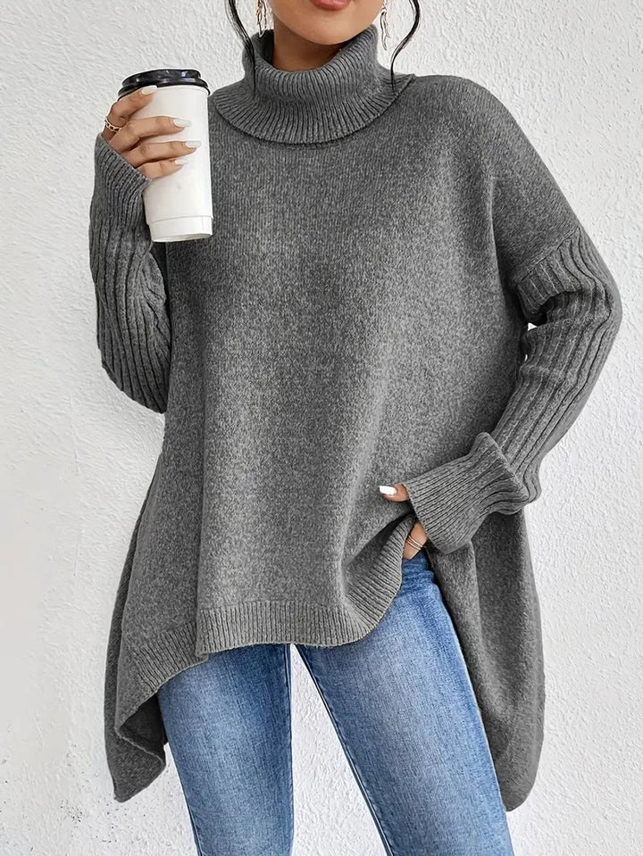 Women's Oversized Longline Ribbed Turtleneck Sweater Jumper - Stone Grey