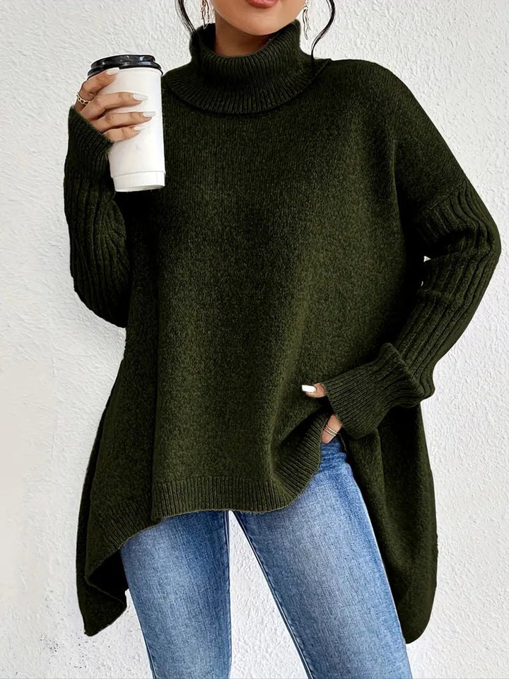 Women's Oversized Longline Ribbed Turtleneck Sweater Jumper - Pine Green