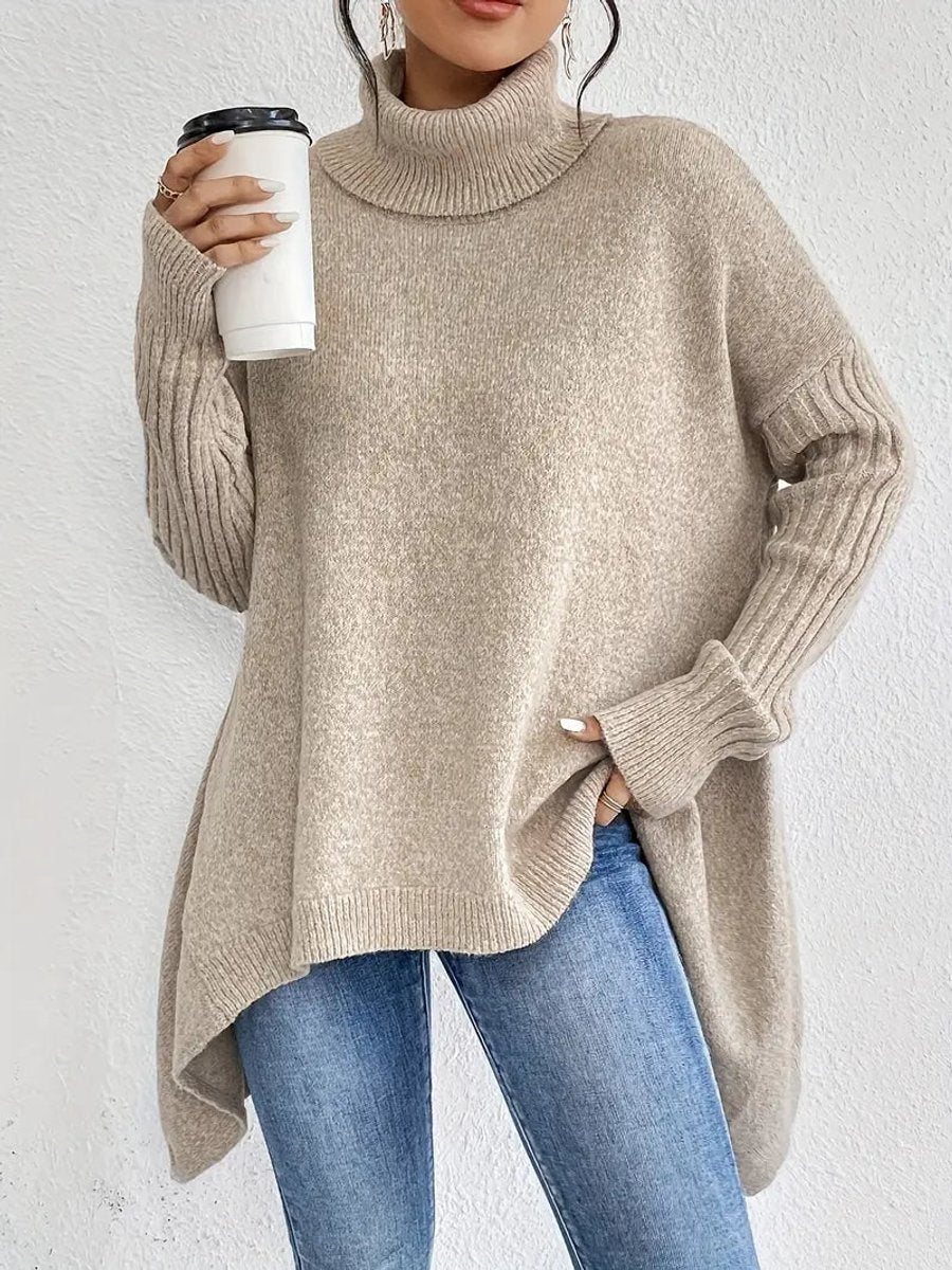 Women's Oversized Longline Ribbed Turtleneck Sweater Jumper - Desert Khaki
