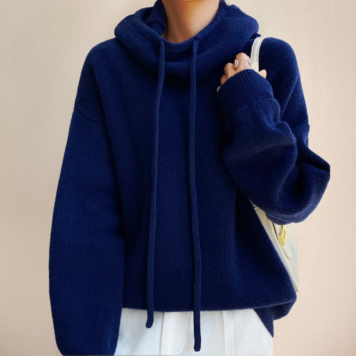 Women's Oversized Merino Wool Hooded Turtleneck Sweater - Blue