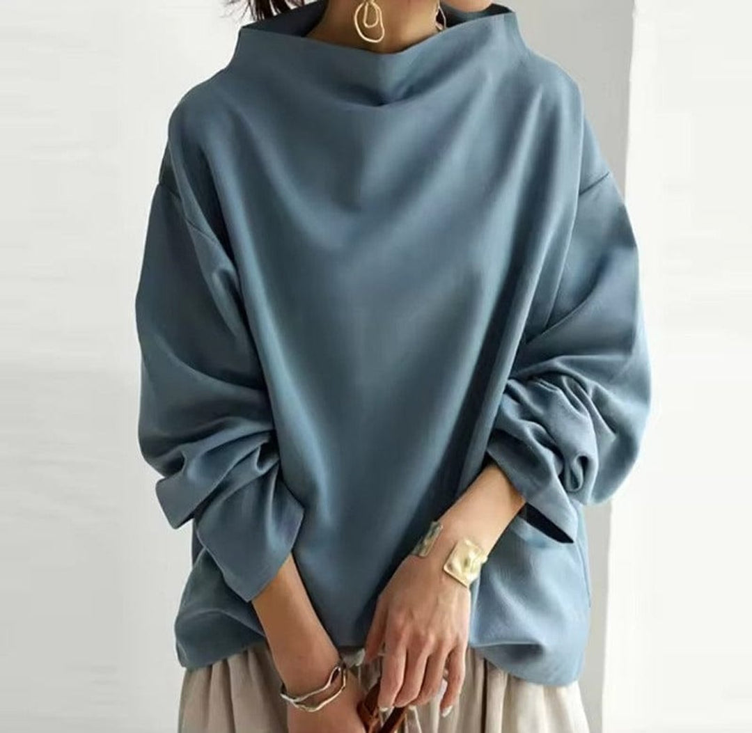 Women's Oversized Mock Neck Knit Sweater Top Long Sleeve - Blue
