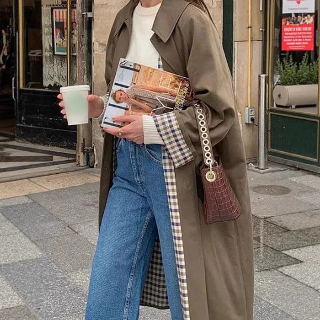 Women's Oversized Plaid-Lined Cotton Blend Trench Coat