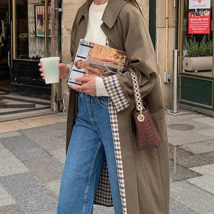 Women's Oversized Plaid-Lined Cotton Blend Trench Coat