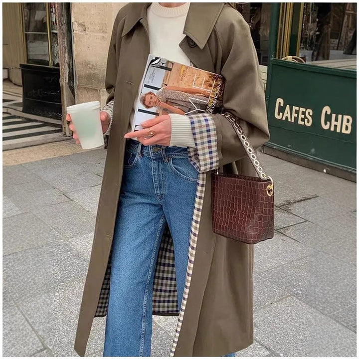 Women's Oversized Plaid-Lined Cotton Blend Trench Coat