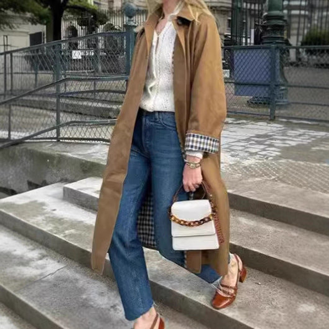 Women's Oversized Plaid-Lined Cotton Blend Trench Coat