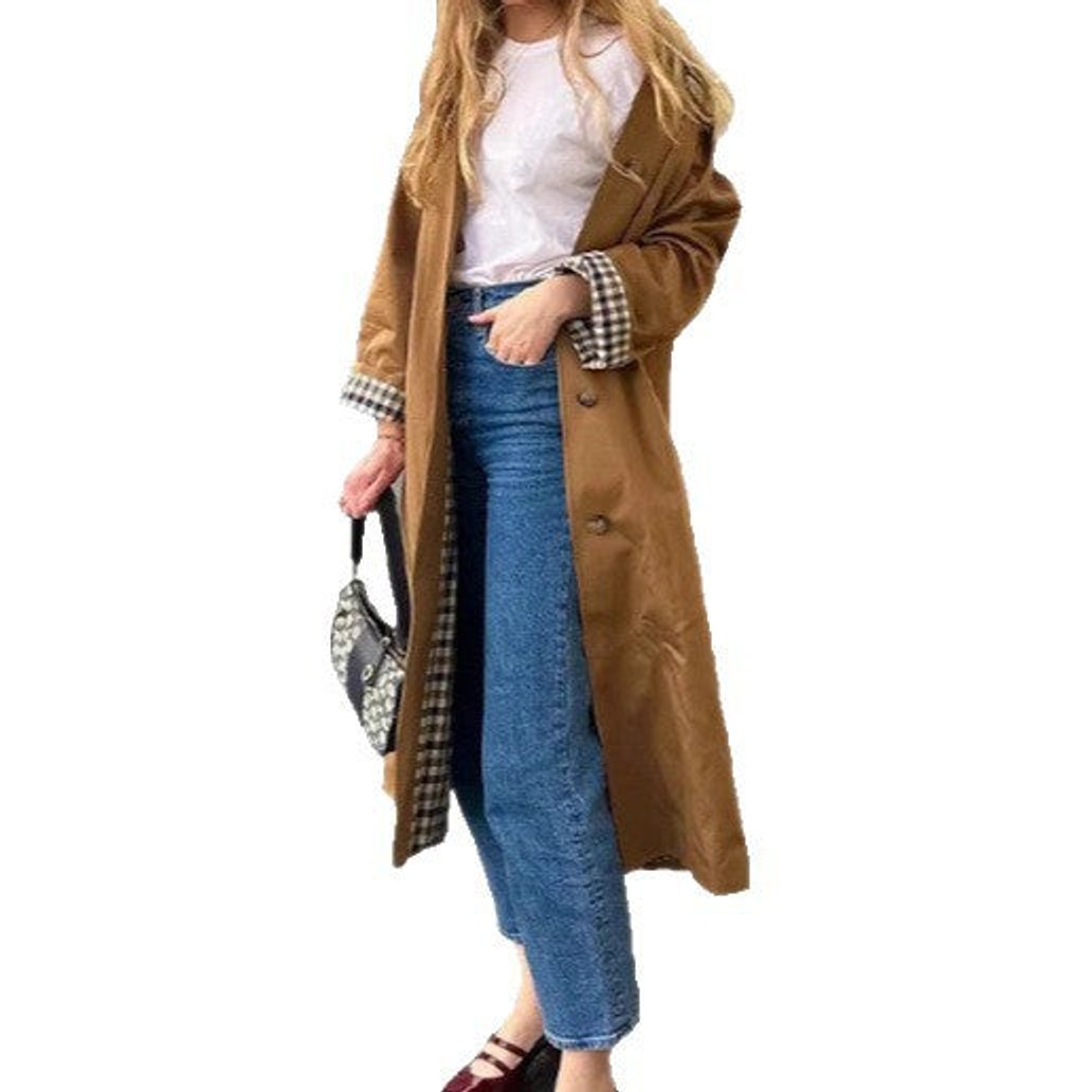 Women's Oversized Plaid-Lined Cotton Blend Trench Coat