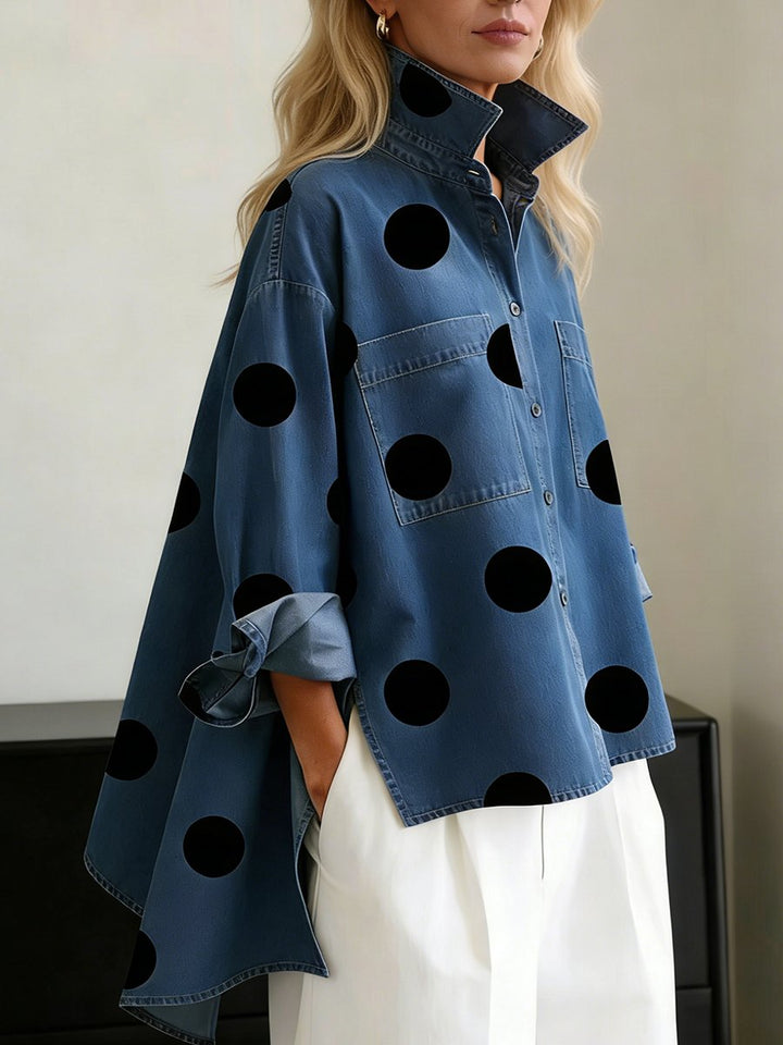 Women's Oversized Polka Dot Mock Collar Shirt - Blue