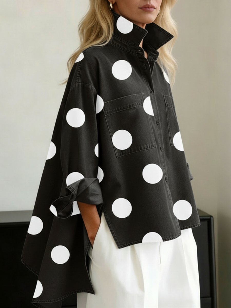 Women's Oversized Polka Dot Mock Collar Shirt - Black