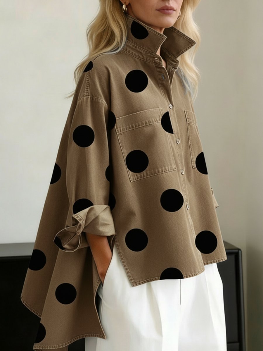 Women's Oversized Polka Dot Mock Collar Shirt - Khaki