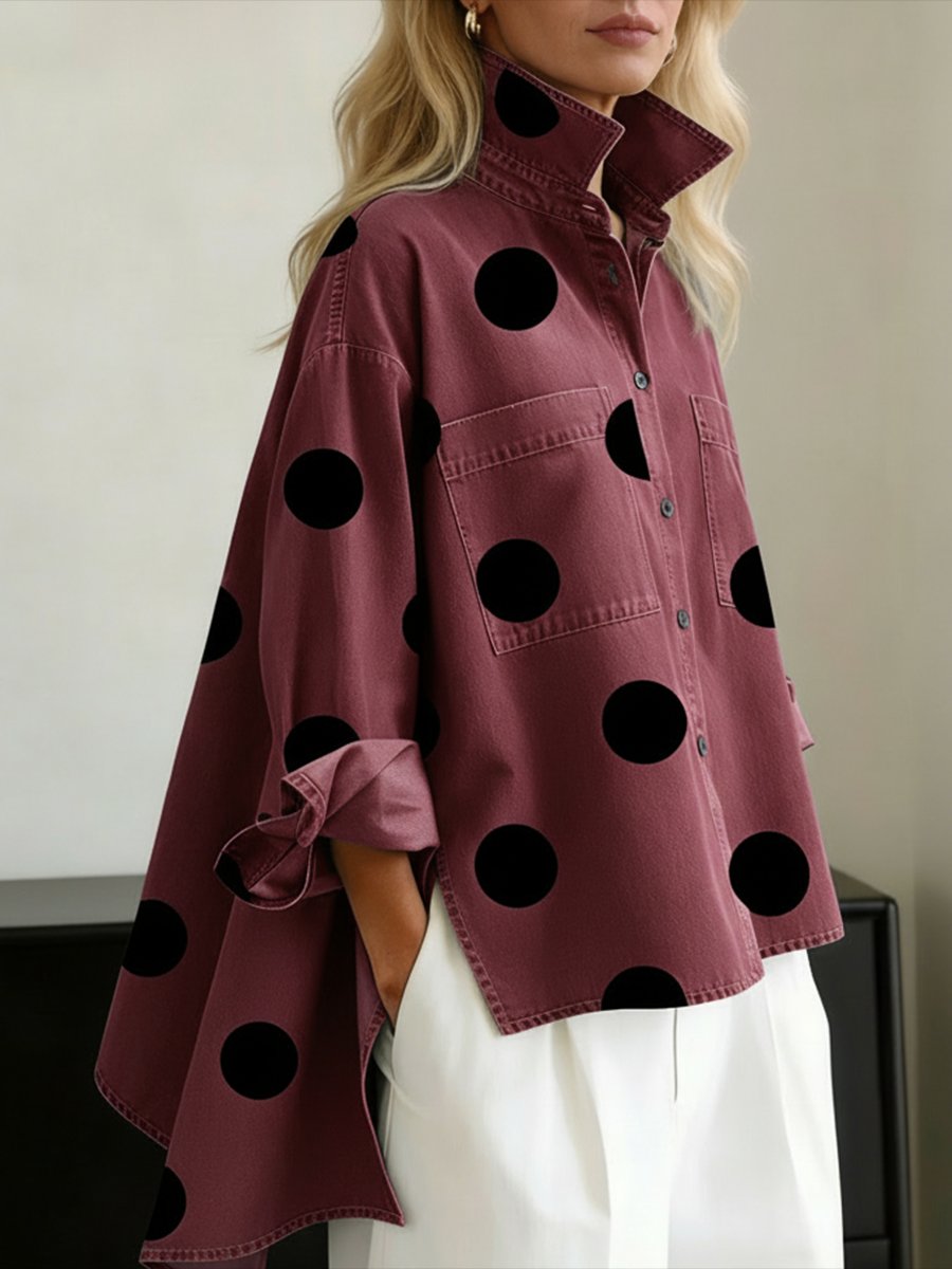 Women's Oversized Polka Dot Mock Collar Shirt - Red
