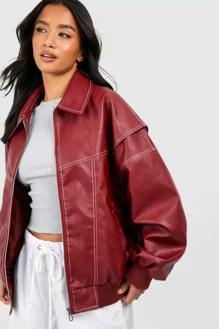 Women's Oversized Quilted Jacket Contrast Stitch Bomber - Wine Red