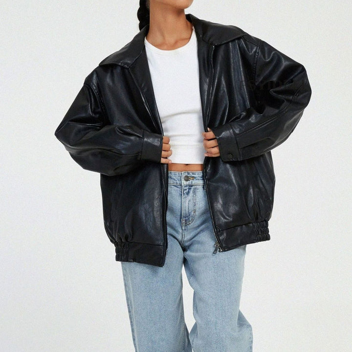 Women's Oversized Relaxed-Fit Zip-Up Faux Leather Trendy Jacket