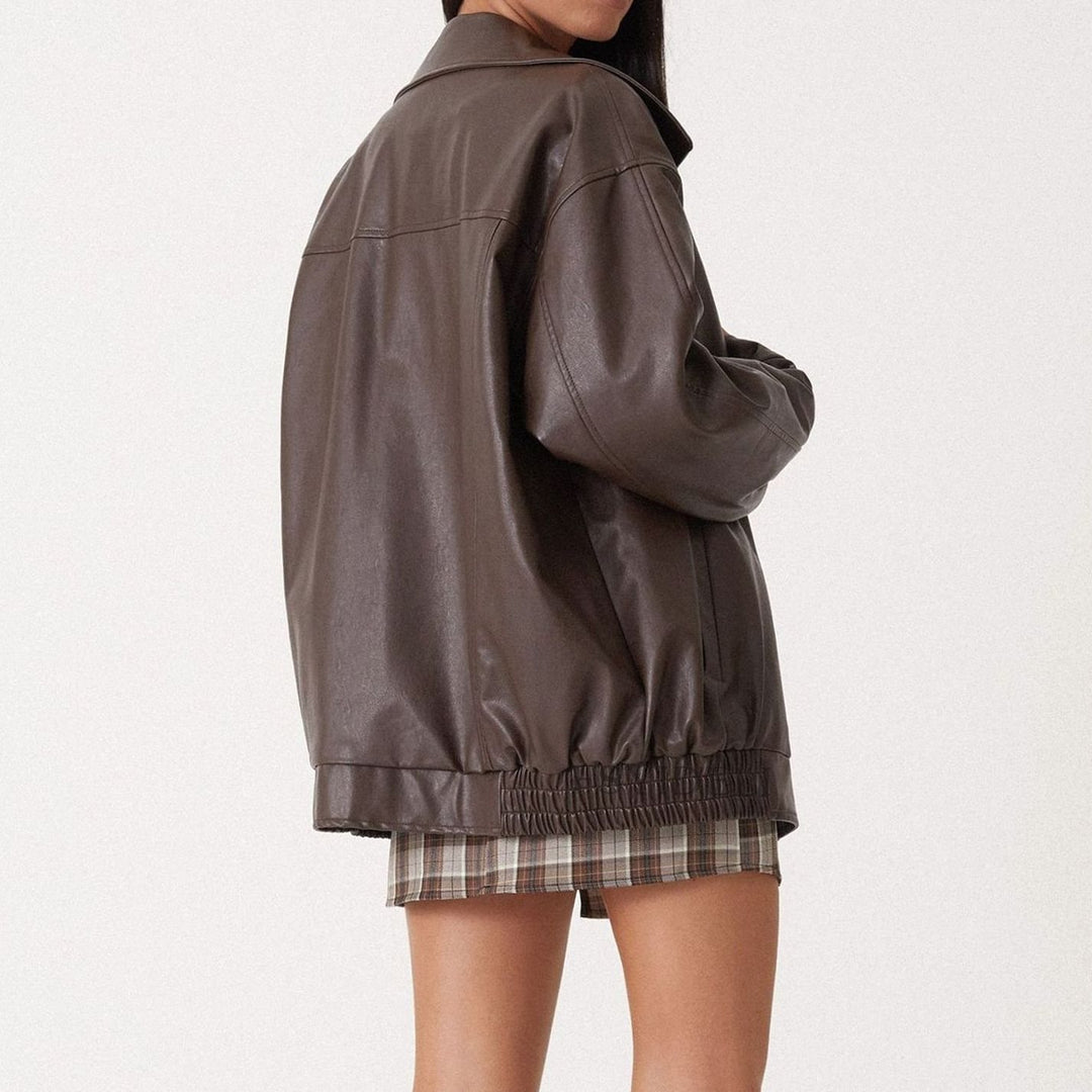 Women's Oversized Relaxed-Fit Zip-Up Faux Leather Trendy Jacket