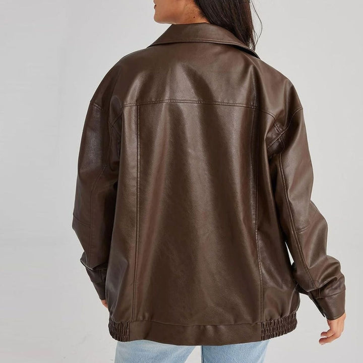 Women's Oversized Relaxed-Fit Zip-Up Faux Leather Trendy Jacket