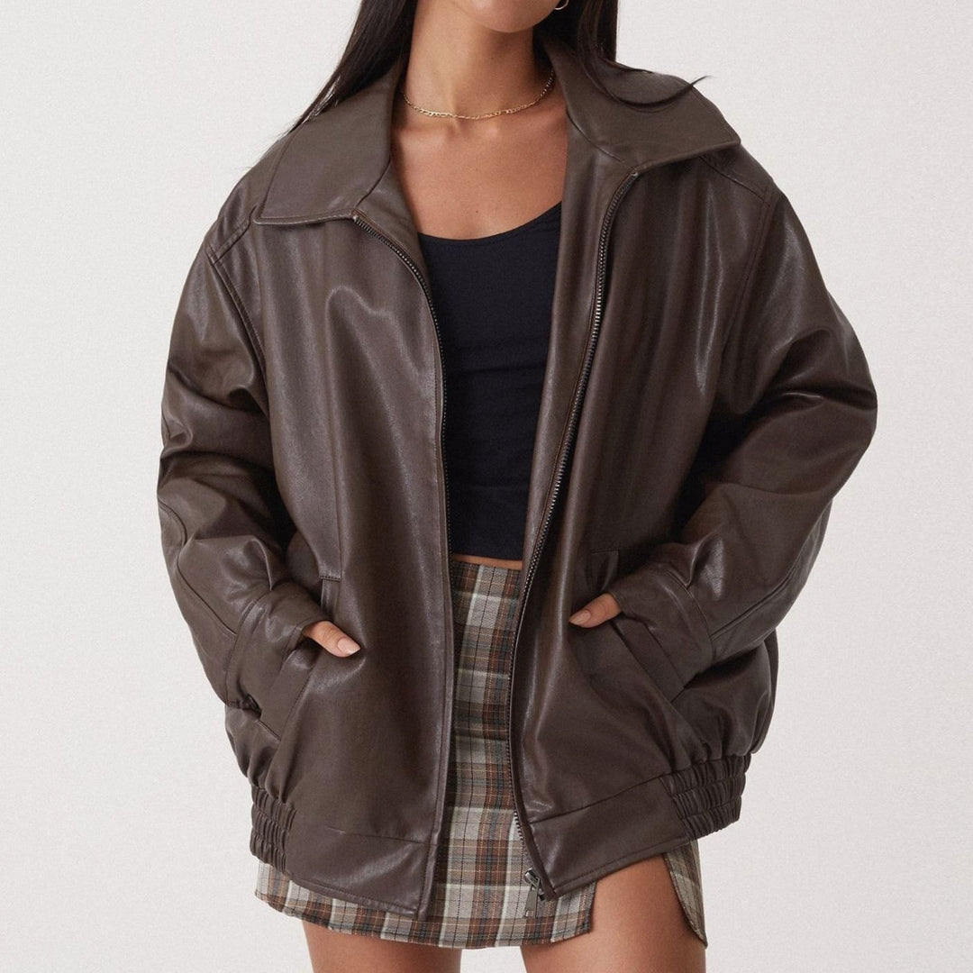 Women's Oversized Relaxed-Fit Zip-Up Faux Leather Trendy Jacket