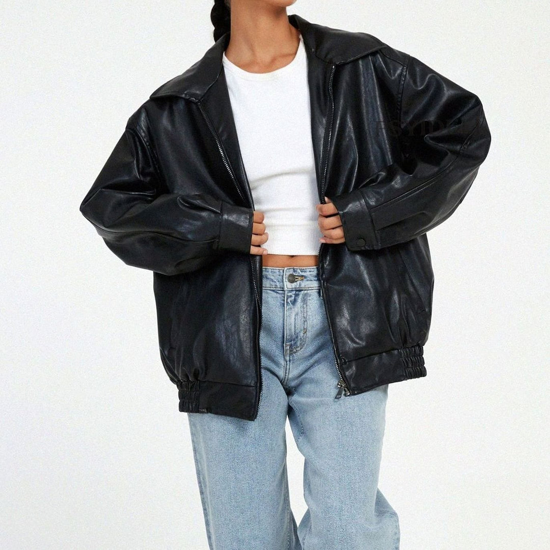 Women's Oversized Relaxed-Fit Zip-Up Faux Leather Trendy Jacket - Black