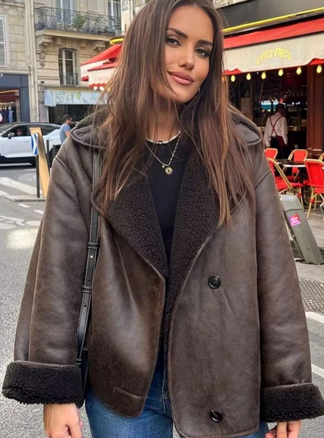 Women's Oversized Shearling-Lined Double-Breasted Jacket - Brown
